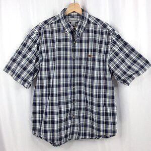 Carhartt Shirt Mens Size Large Navy Blue Plaid Short Sleeve Button Down Pocket